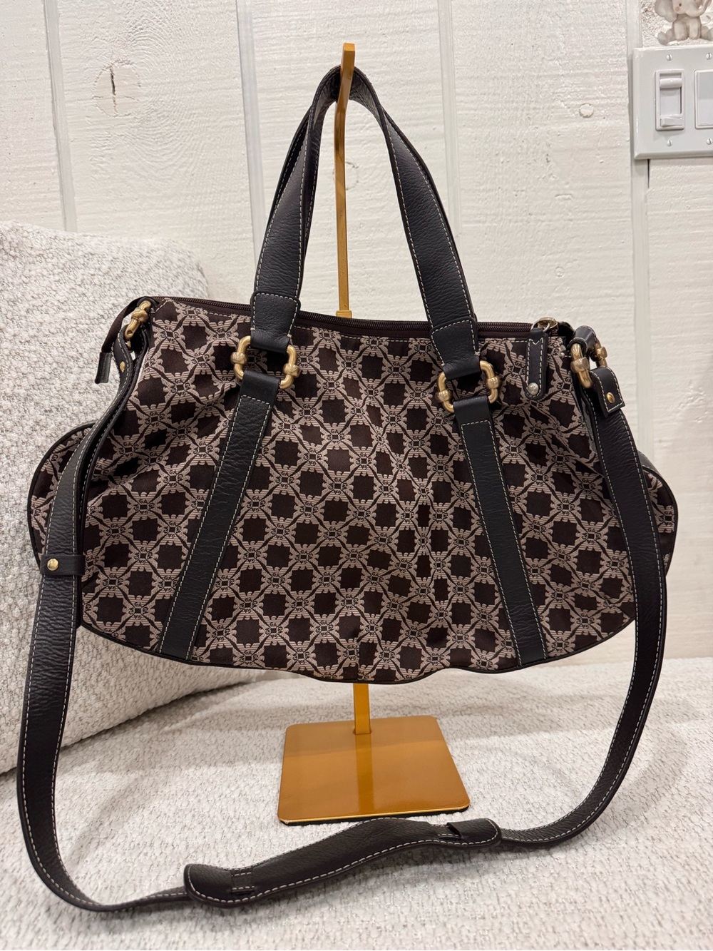Vintage  Emporio Armani Monogram Canvas and Dark Brown Leather Hobo/Shoulder Bag